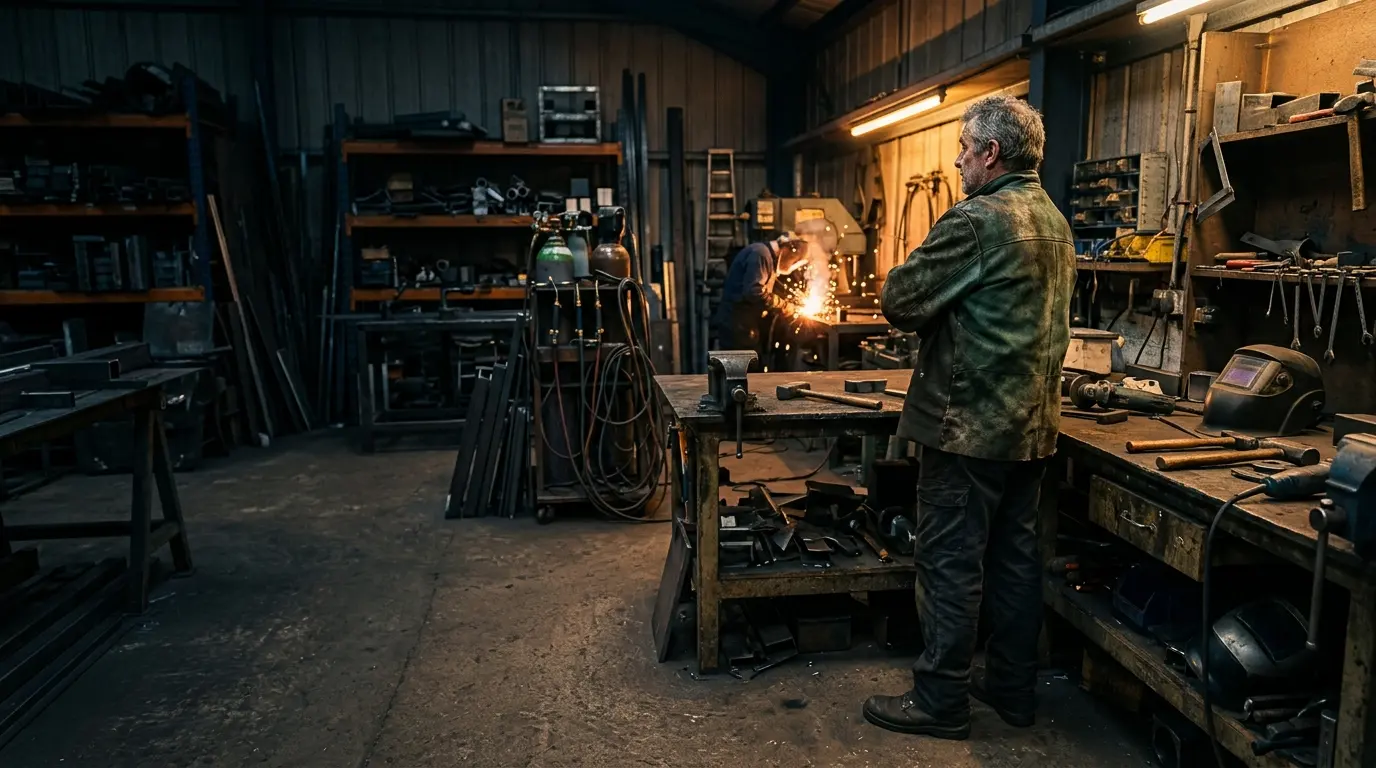 Veteran fabricator standing at his bench in a long-established Kent metalwork workshop