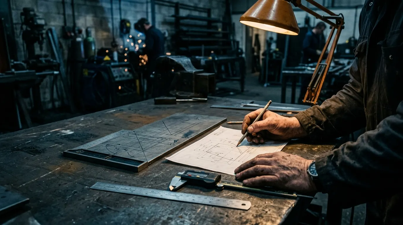 Fabricator marking out a steel plate from a hand-drawn engineering sketch on a workshop bench