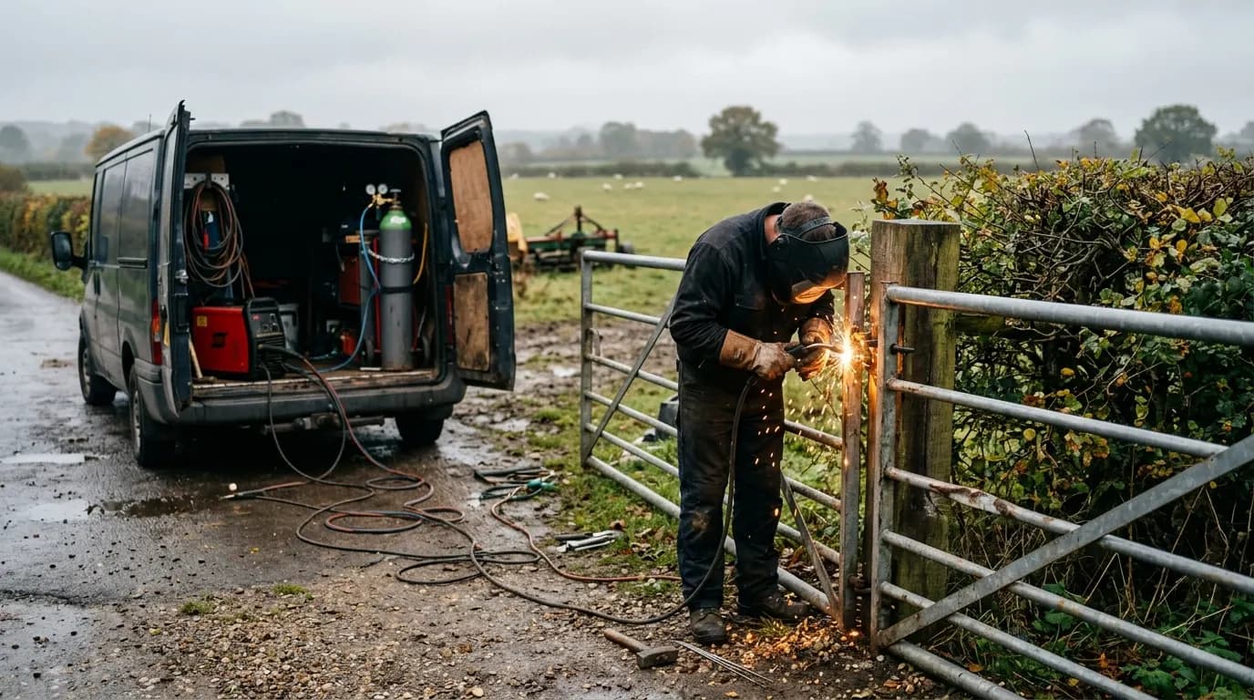 Mobile welding van parked on a Kent farm lane while a steel field gate is repaired on site