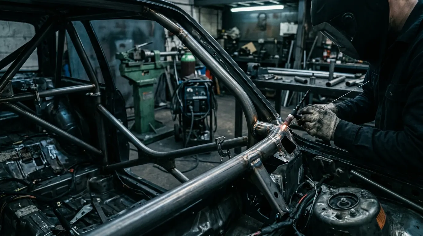 TIG welding a chromoly roll cage joint inside a stripped race car shell