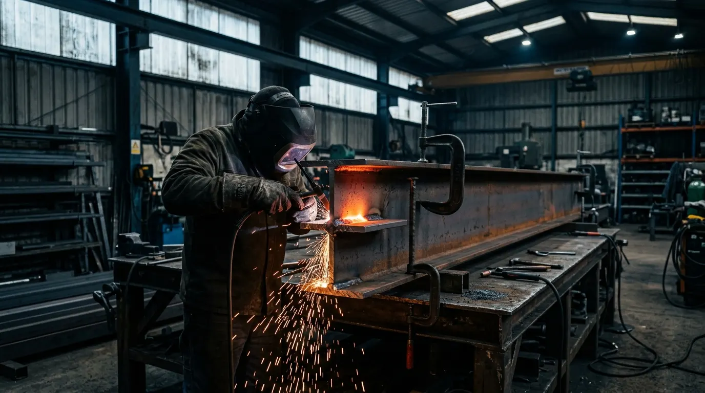 Welder joining a heavy structural steel I-beam clamped on a workshop bench, sparks flying from the weld
