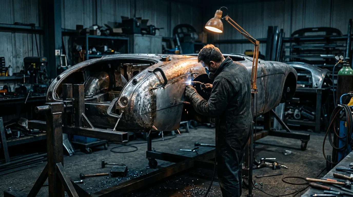 Classic car body shell on a rotisserie with a fabricated steel repair panel being welded into the wing